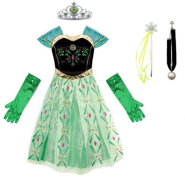 Princess Outfit Girls Dress up Kids Costume Christmas Birthday Party Cosplay Gift with Accessories (Green, 150CM/9-10Y)